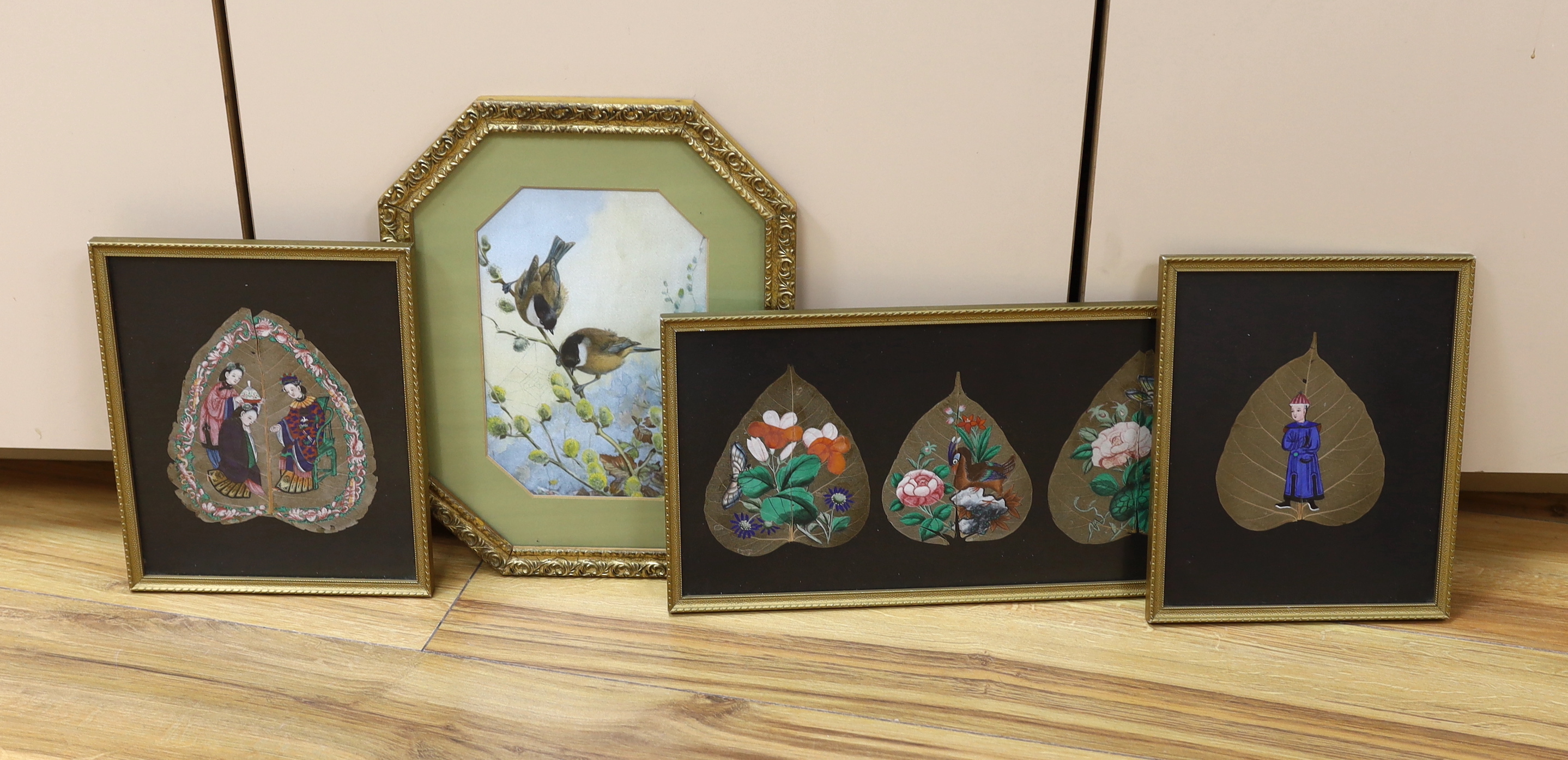 Five Chinese Canton gouache mulberry leaf paintings, framed as three, together with a watercolour painting on silk of birds on a branch, largest 17 x 35cm